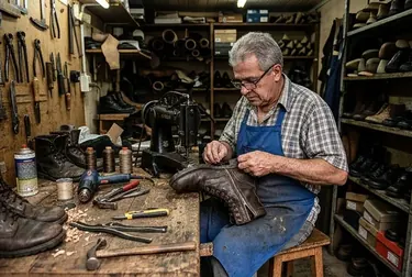 Sapateiro consertando o zíper de uma bota em Várzea Paulista.