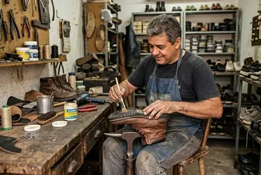 Sapateiro colando a sola de um sapato descolada em Várzea Paulista.