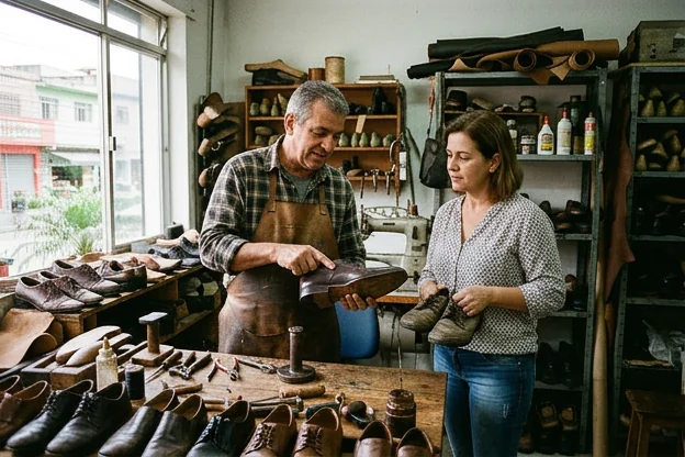Sapateiro orientando cliente sobre a escolha de sapatos em Várzea Paulista.