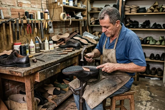 Sapateiro realizando a troca de solado de um sapato em Várzea Paulista.