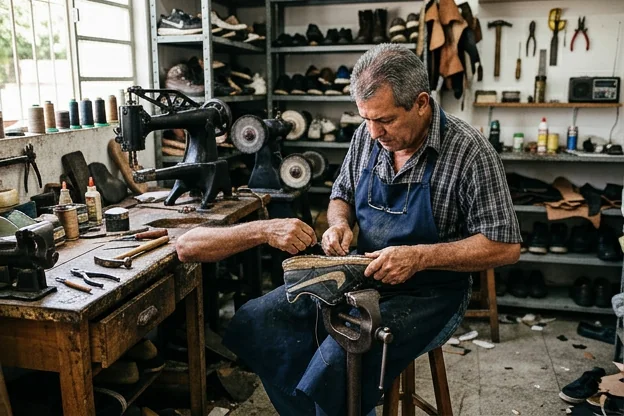 Sapateiro reparando um tênis em Várzea Paulista.