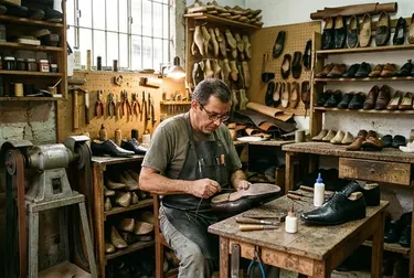 Sapateiro reformando sapatos sociais em Várzea Paulista.
