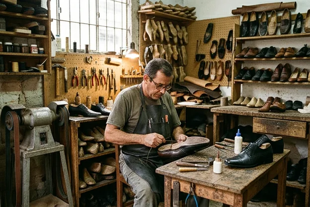 Sapateiro reformando sapatos sociais em Várzea Paulista.
